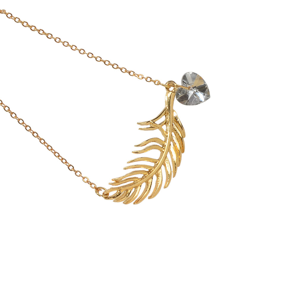 Designer Jewellery Gold Chain Heart Simulated Cubic Zirconia Feather Necklace-1