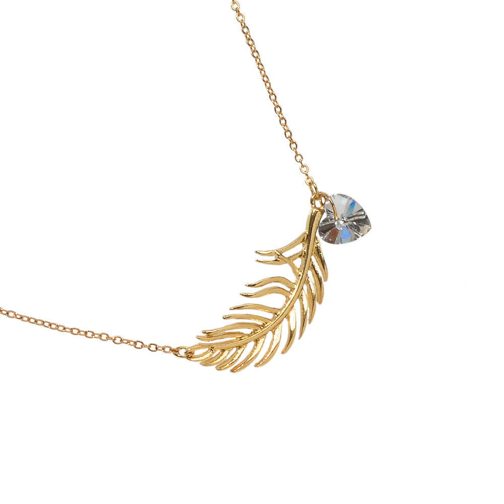 Designer Jewellery Gold Chain Heart Simulated Cubic Zirconia Feather Necklace-2