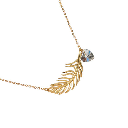 Designer Jewellery Gold Chain Heart Simulated Cubic Zirconia Feather Necklace-2