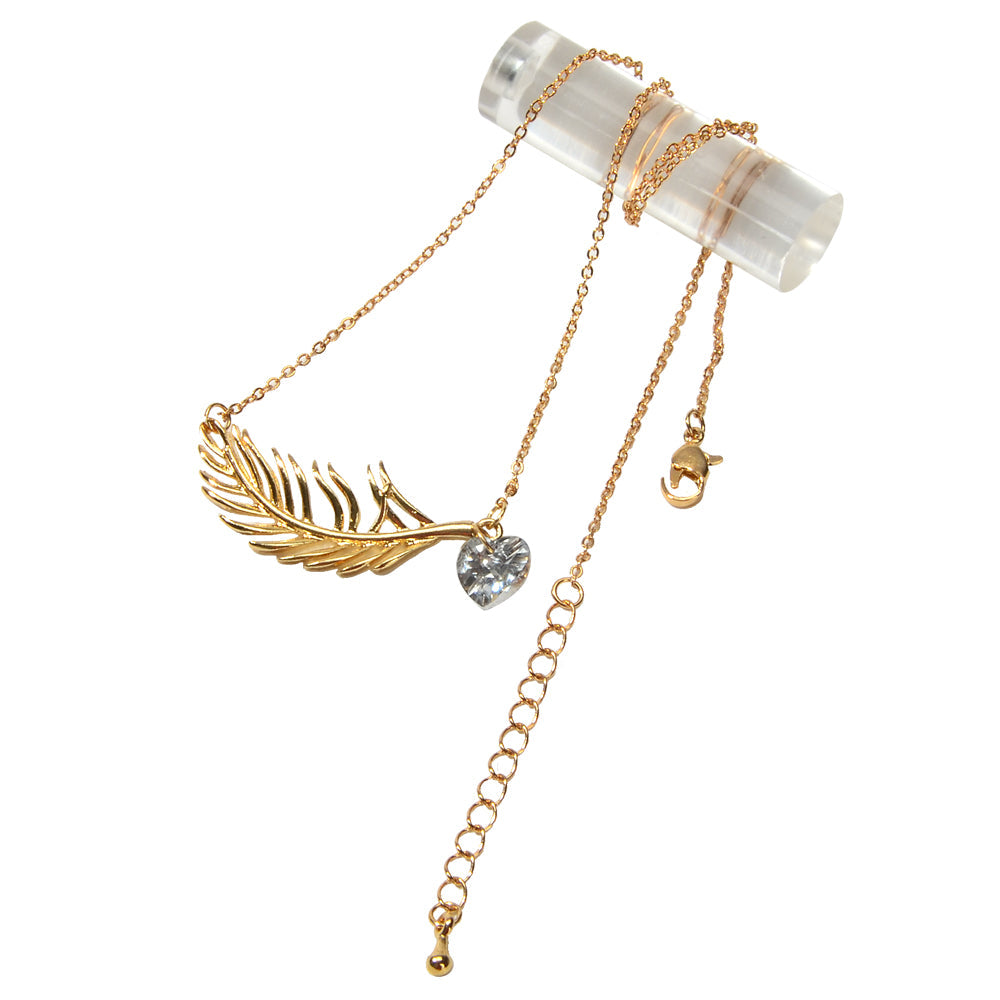 Designer Jewellery Gold Chain Heart Simulated Cubic Zirconia Feather Necklace-3