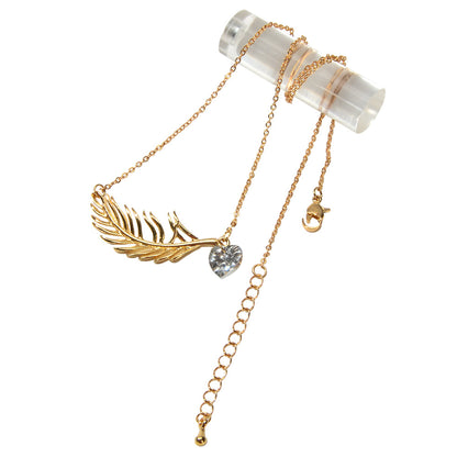 Designer Jewellery Gold Chain Heart Simulated Cubic Zirconia Feather Necklace-3