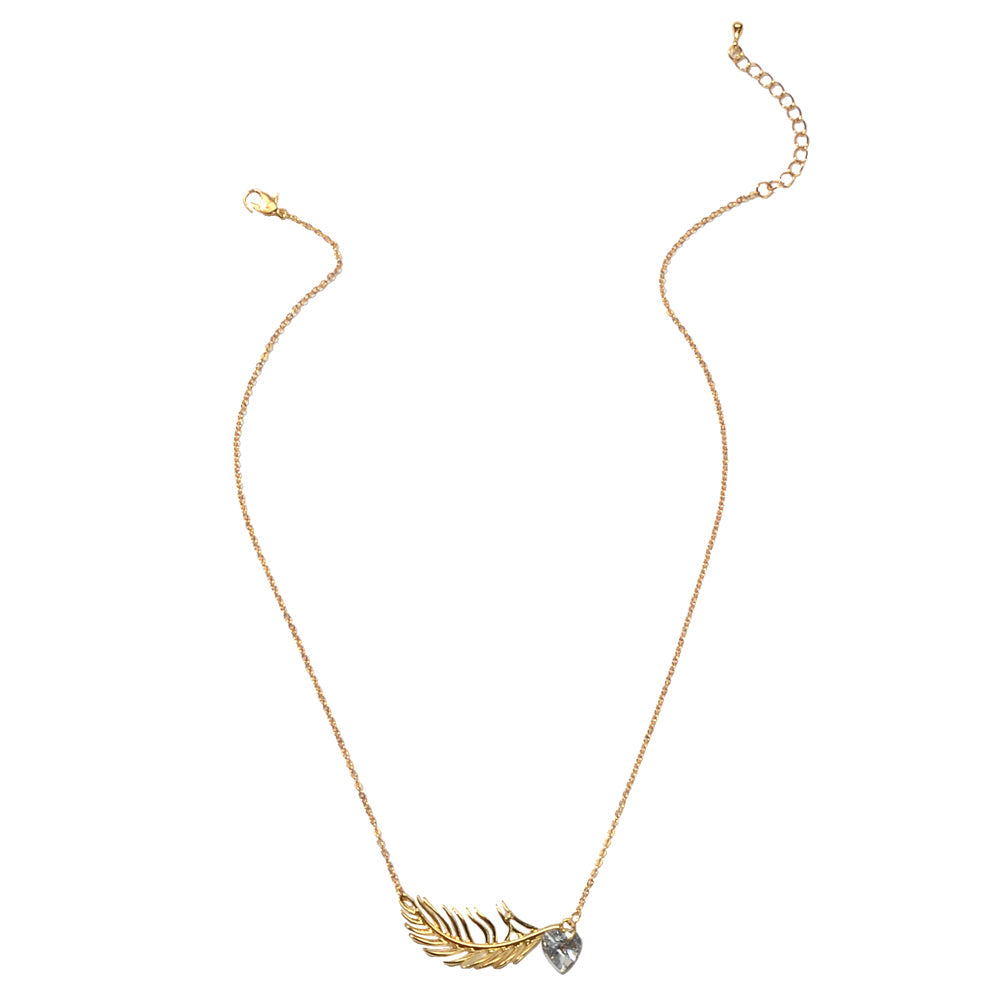 Designer Jewellery Gold Chain Heart Simulated Cubic Zirconia Feather Necklace-4
