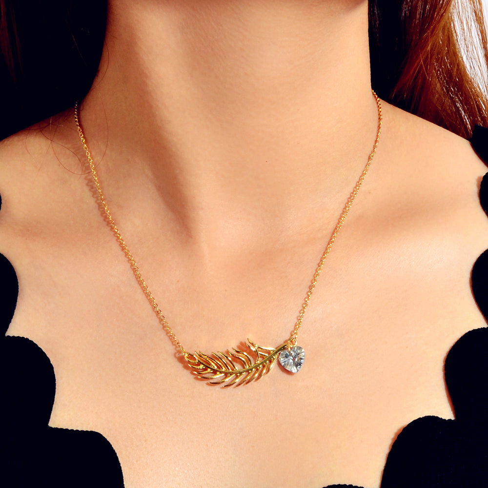 Designer Jewellery Gold Chain Heart Simulated Cubic Zirconia Feather Necklace-0