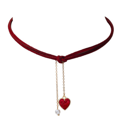 AU Stock Double Layers Red Cord Love Heart Fringe Necklace Tassel Pearl Choker-2