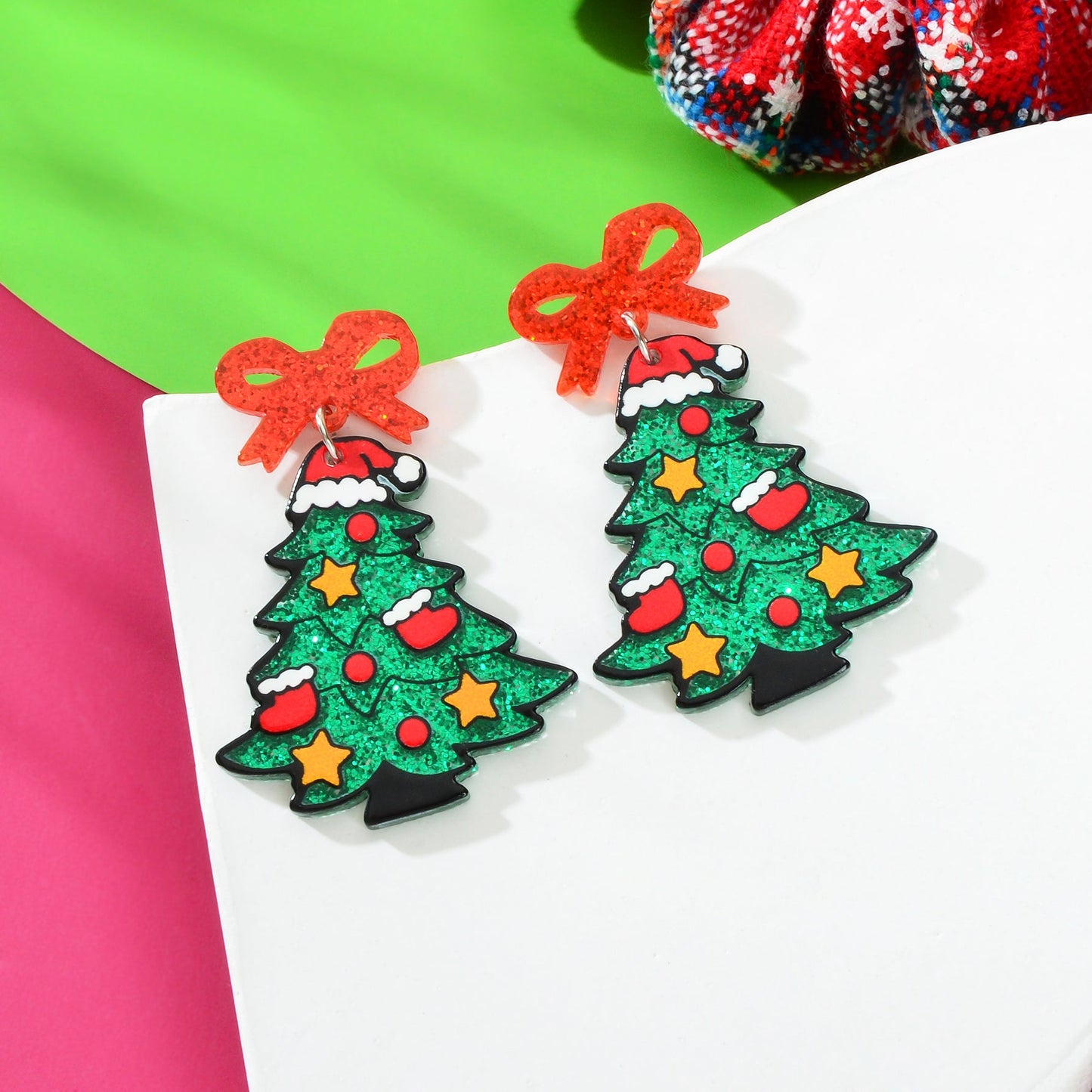 Shining Sequin Decor Acrylic Bow Christmas Tree Dangle Earrings Festival Jewelry-4