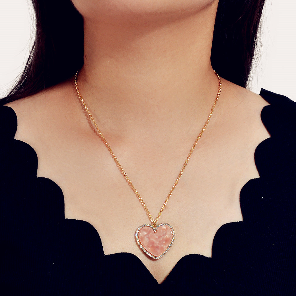 Gold Chain Rhinestone Pink Love Heart Charm Necklace Girlfriend Gift Jewellery-4