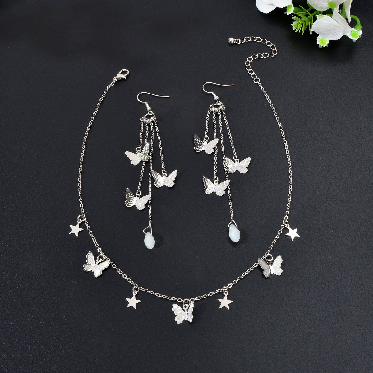 Silvery Chain Star Butterfly Charm Necklace Long Chain Tassel Butterfly Earrings Party Jewelry set-3