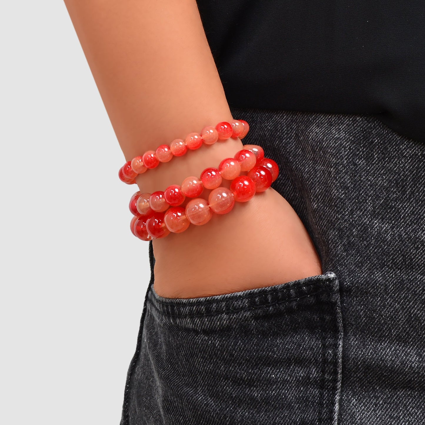 3 pcs Trendy Red Glass Beads Layered Elastic Bracelet Bangle set Jewellery-0