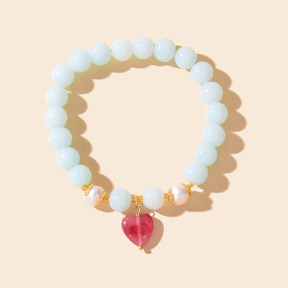 Retro Good Quality Jewellery Light Blue String Glass Beads Pink Heart Bracelet-1