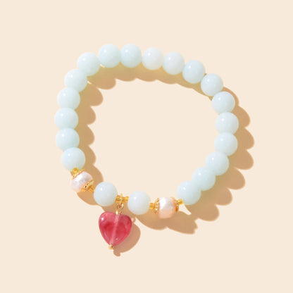 Retro Good Quality Jewellery Light Blue String Glass Beads Pink Heart Bracelet-2