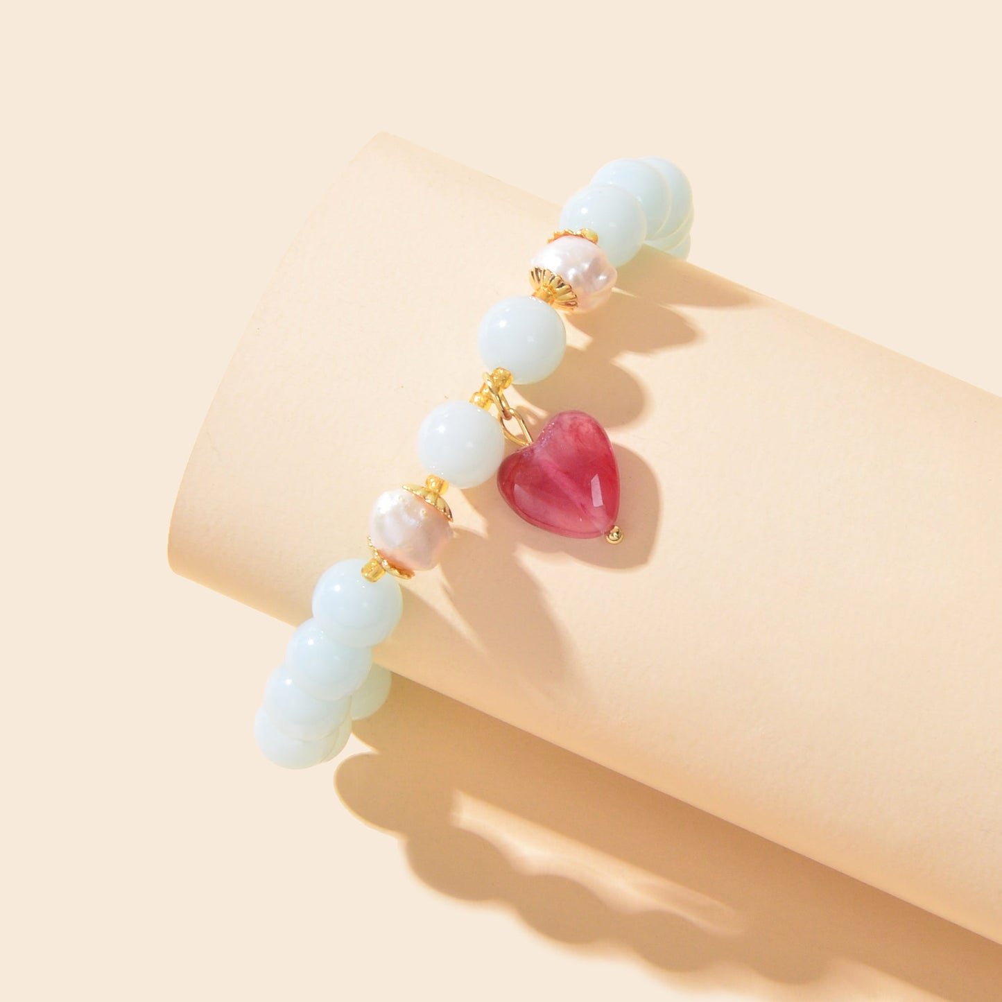 Retro Good Quality Jewellery Light Blue String Glass Beads Pink Heart Bracelet-4