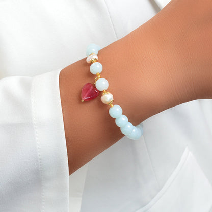 Retro Good Quality Jewellery Light Blue String Glass Beads Pink Heart Bracelet-0