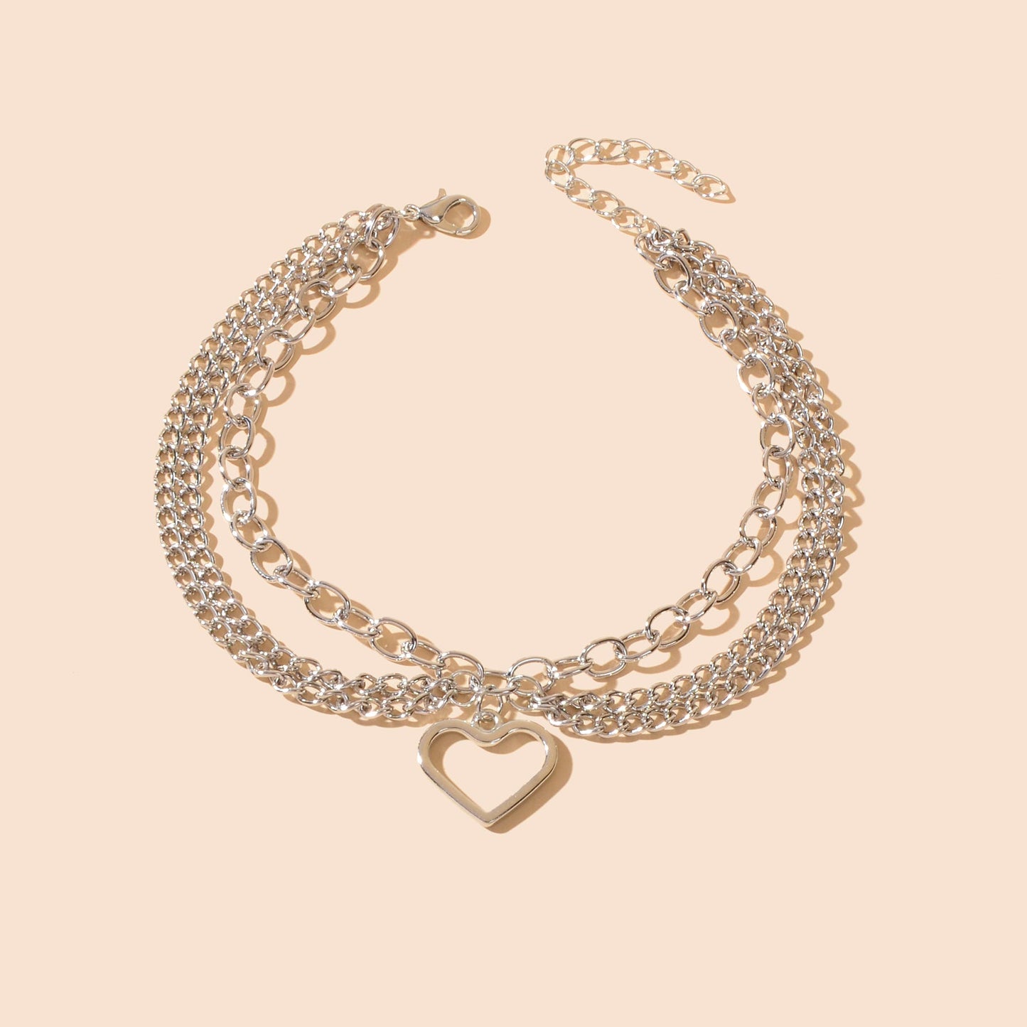 Foot Jewelry Multi-layer Silver Chain Tassel Heart Charm Adjustable Beach Anklet-1