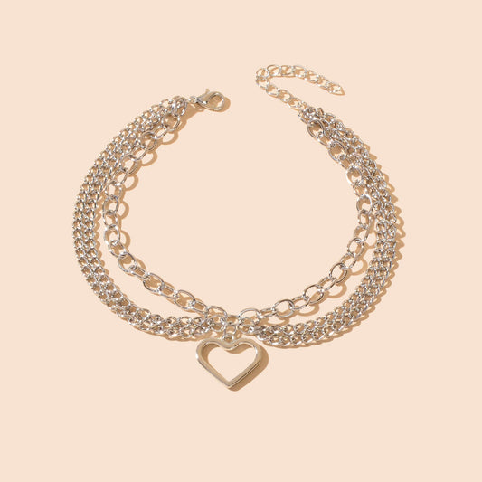 Foot Jewelry Multi-layer Silver Chain Tassel Heart Charm Adjustable Beach Anklet-1
