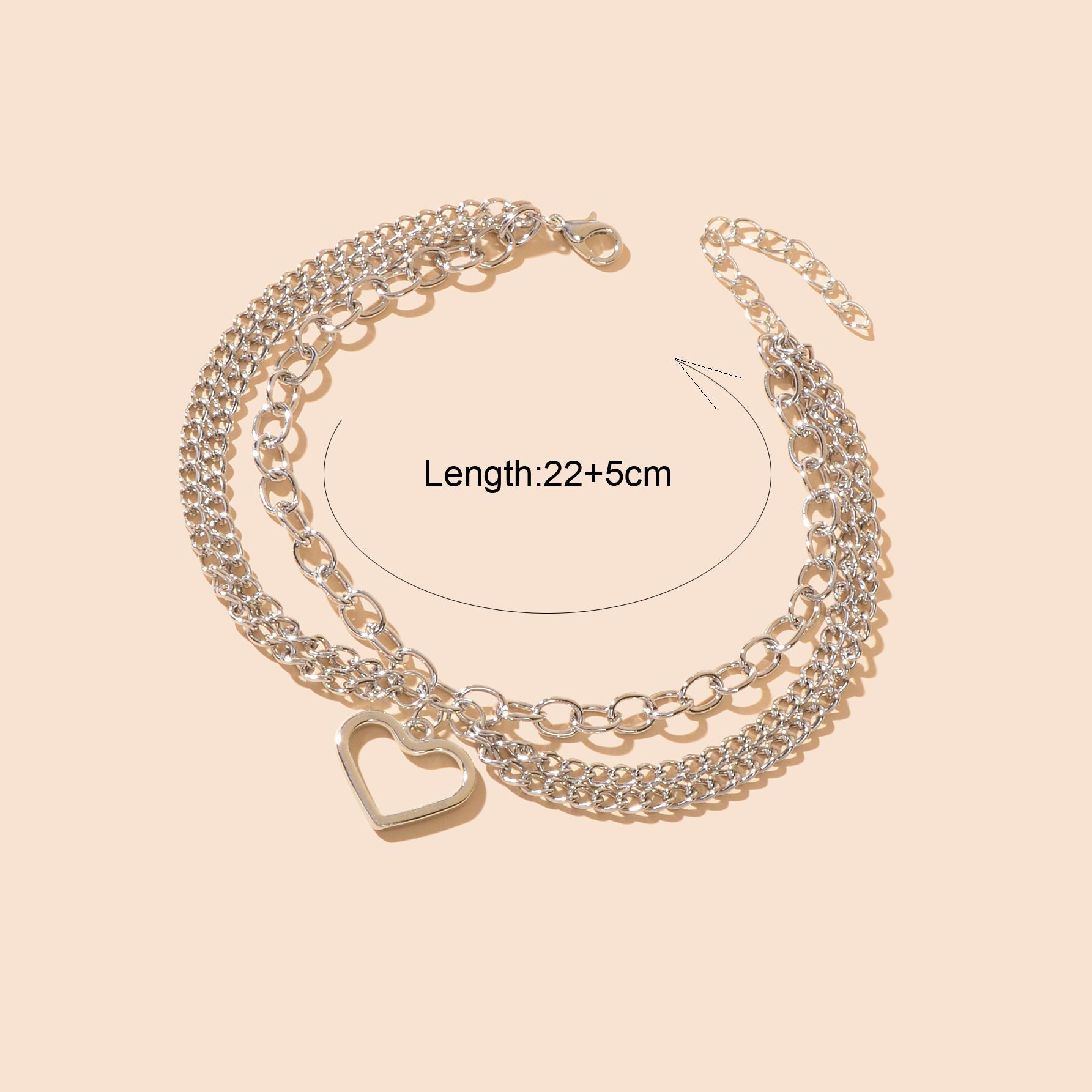 Foot Jewelry Multi-layer Silver Chain Tassel Heart Charm Adjustable Beach Anklet-3