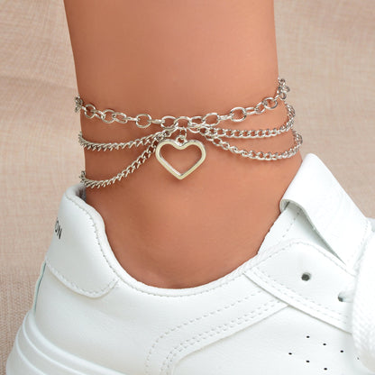 Foot Jewelry Multi-layer Silver Chain Tassel Heart Charm Adjustable Beach Anklet-0