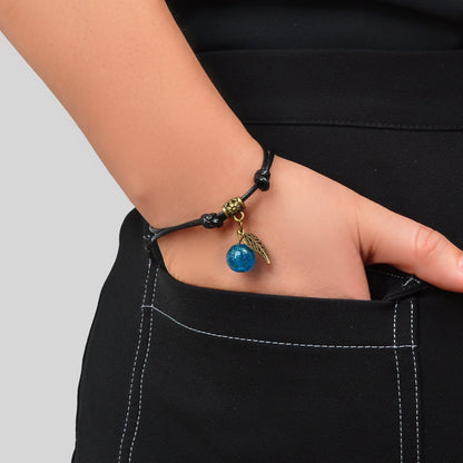 Vintage Adjustable Black Rope Hollow Leaf Blue Bead Charm Bracelet Daily Vacation Jewelry-0