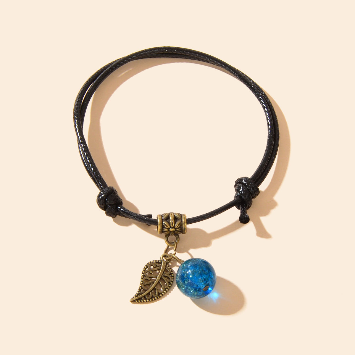 Vintage Adjustable Black Rope Hollow Leaf Blue Bead Charm Bracelet Daily Vacation Jewelry-1
