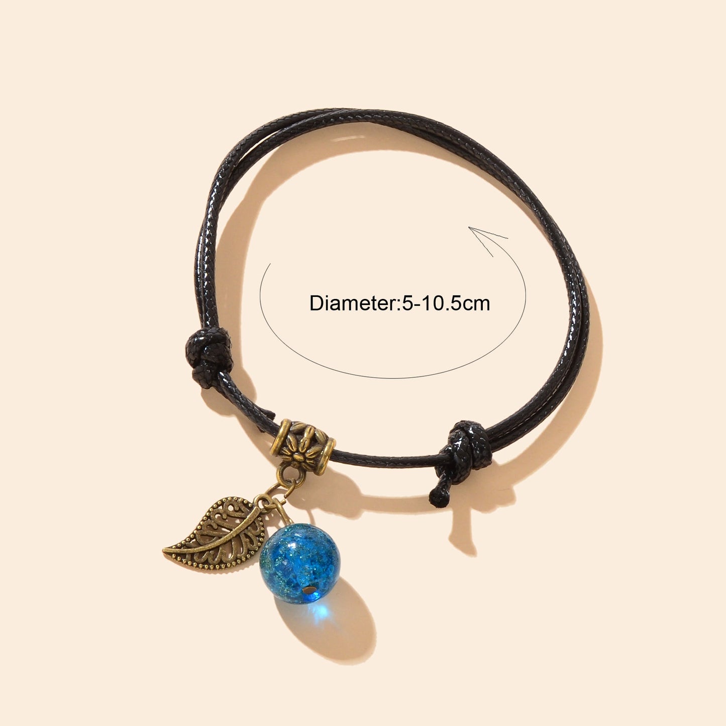 Vintage Adjustable Black Rope Hollow Leaf Blue Bead Charm Bracelet Daily Vacation Jewelry-3