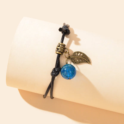 Vintage Adjustable Black Rope Hollow Leaf Blue Bead Charm Bracelet Daily Vacation Jewelry-4