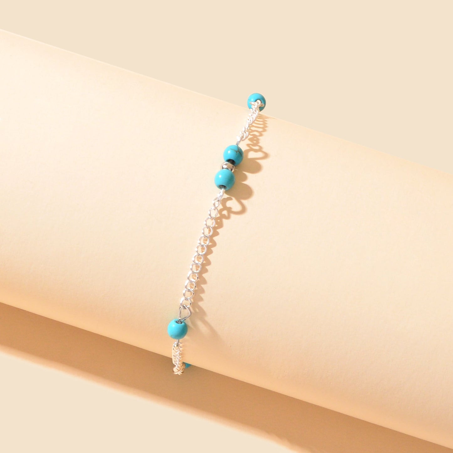 Vacation Accessories Blue Beads Decor Silver Chain Anklet Women Foot Jewelry-1
