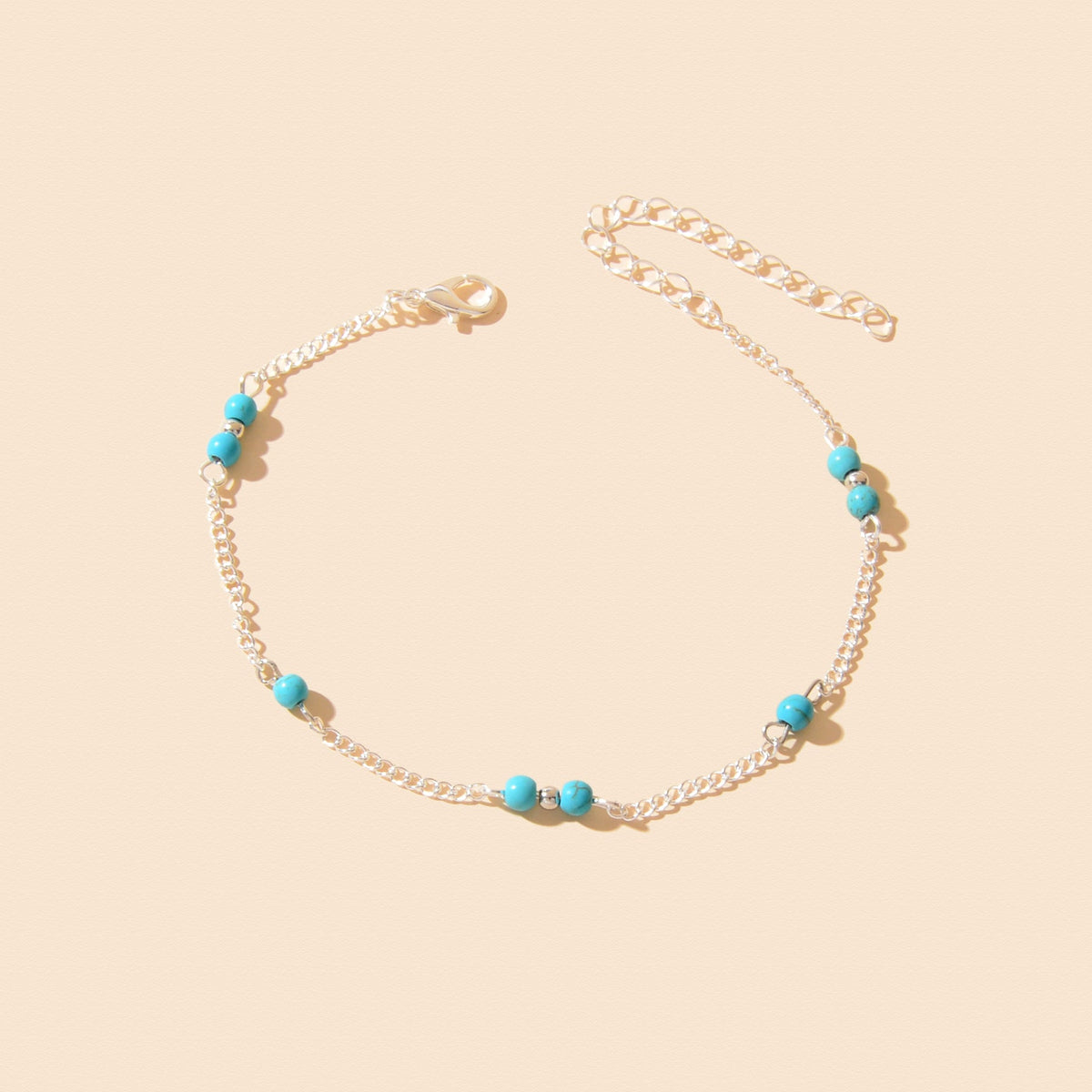 Vacation Accessories Blue Beads Decor Silver Chain Anklet Women Foot Jewelry-2