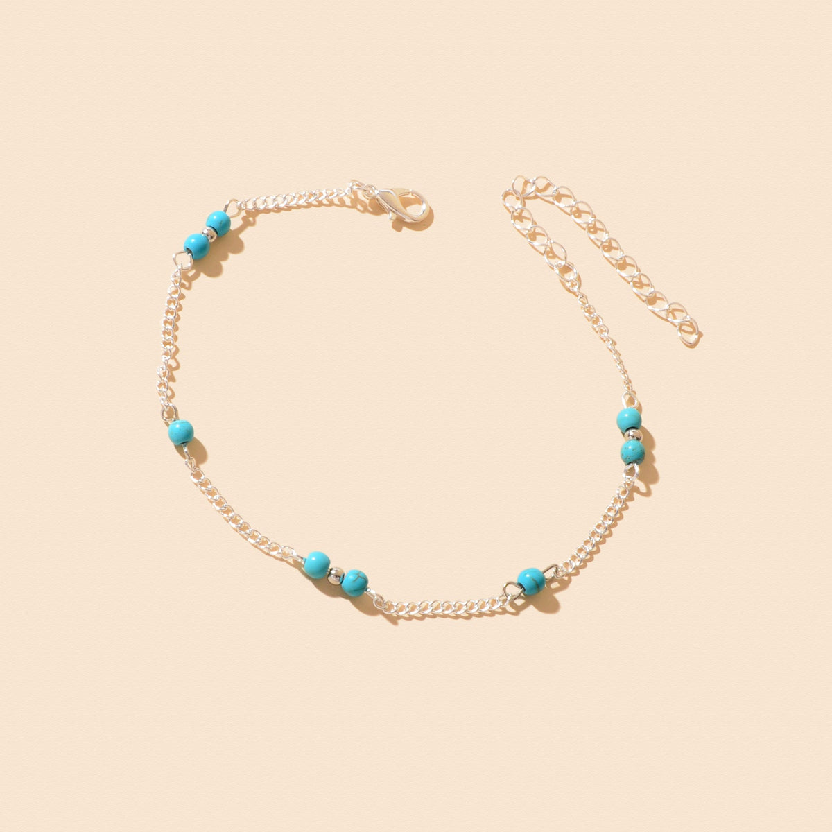 Vacation Accessories Blue Beads Decor Silver Chain Anklet Women Foot Jewelry-3