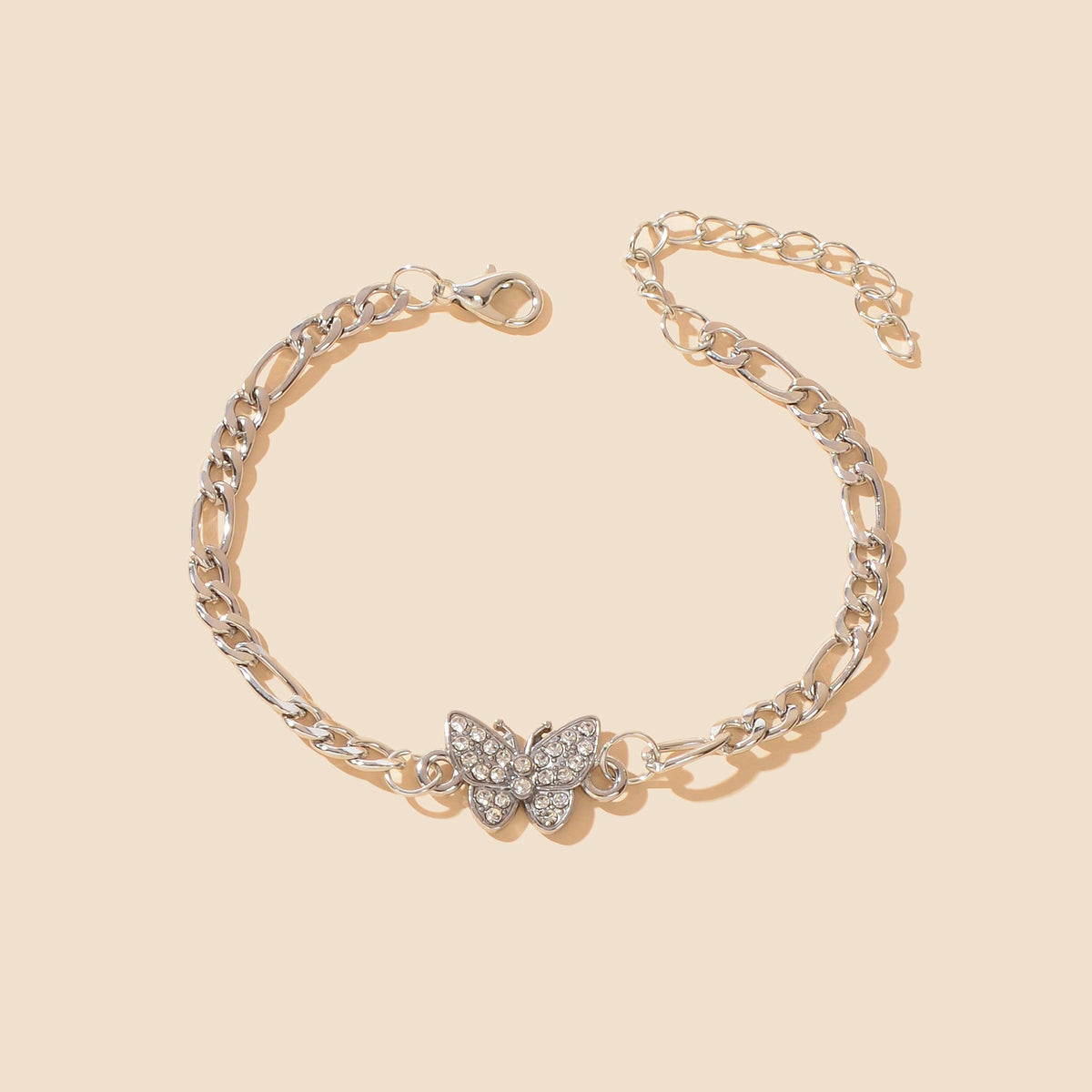 Rhinestone Decor Silvery Thick Metal Link Chain Butterfly Bracelet for Girls-1