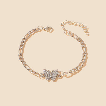 Rhinestone Decor Silvery Thick Metal Link Chain Butterfly Bracelet for Girls-1