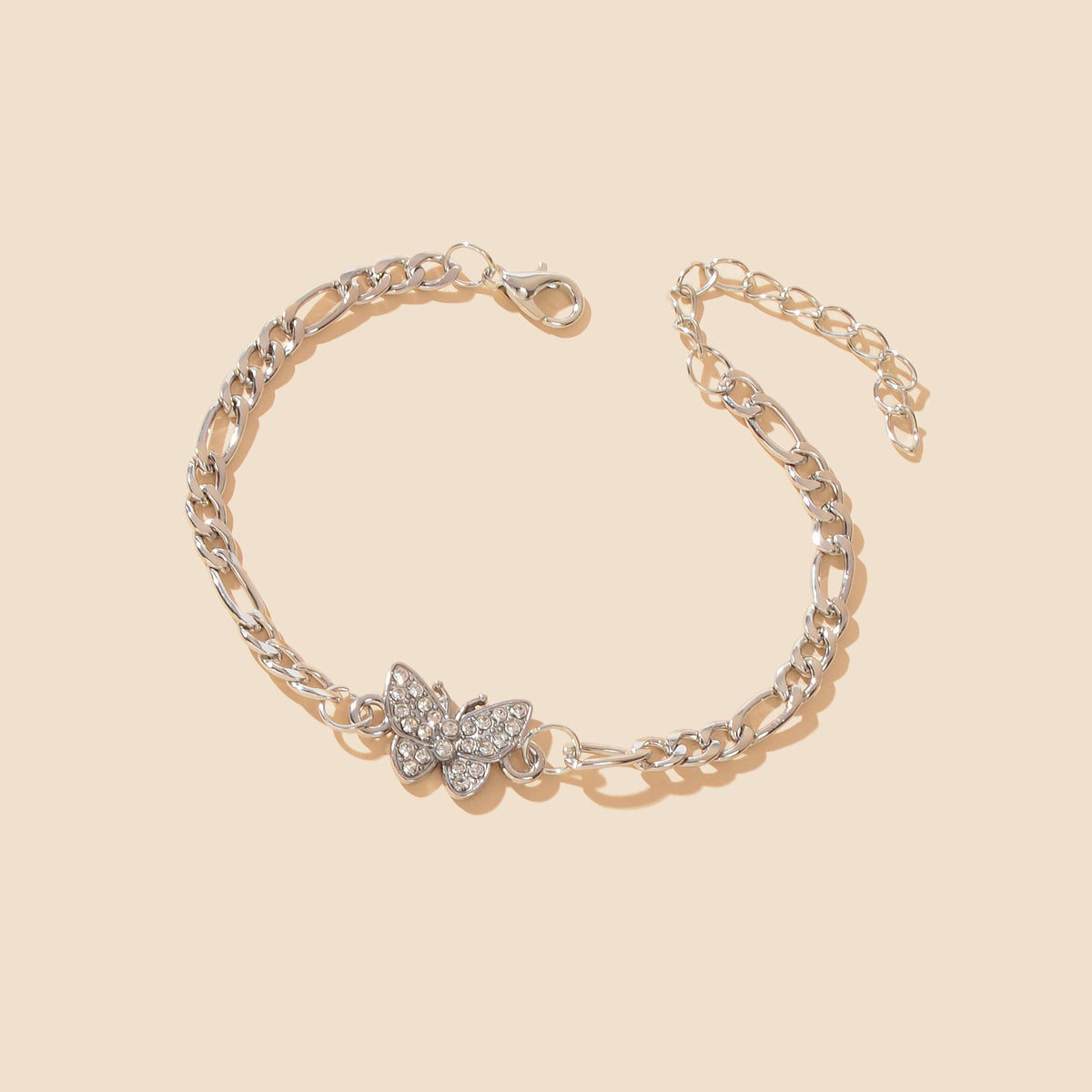 Rhinestone Decor Silvery Thick Metal Link Chain Butterfly Bracelet for Girls-2