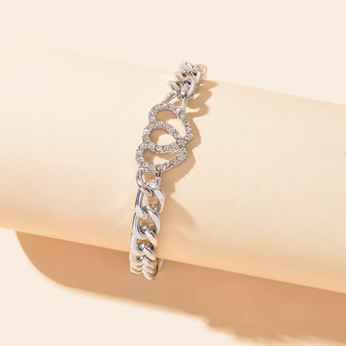 Fashion Jewelry Silvery Thick Chain Rhinestone Heart Decor Bracelet for Women-1