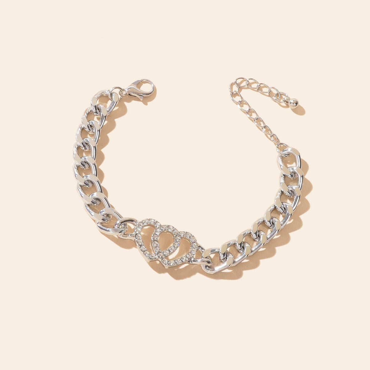 Fashion Jewelry Silvery Thick Chain Rhinestone Heart Decor Bracelet for Women-3