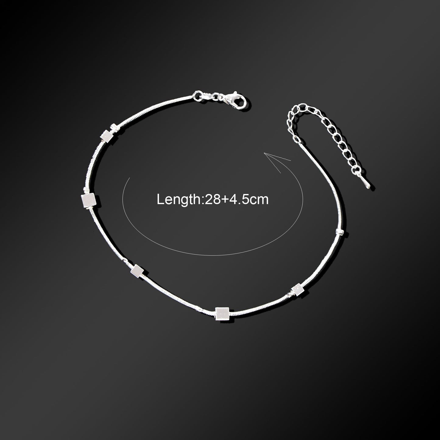 Minimalist Geometric Cube Silvery Snake Chain Anklet Daily Beach Vacation Statement Foot Jewelry-3