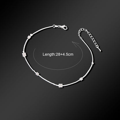 Minimalist Geometric Cube Silvery Snake Chain Anklet Daily Beach Vacation Statement Foot Jewelry-3