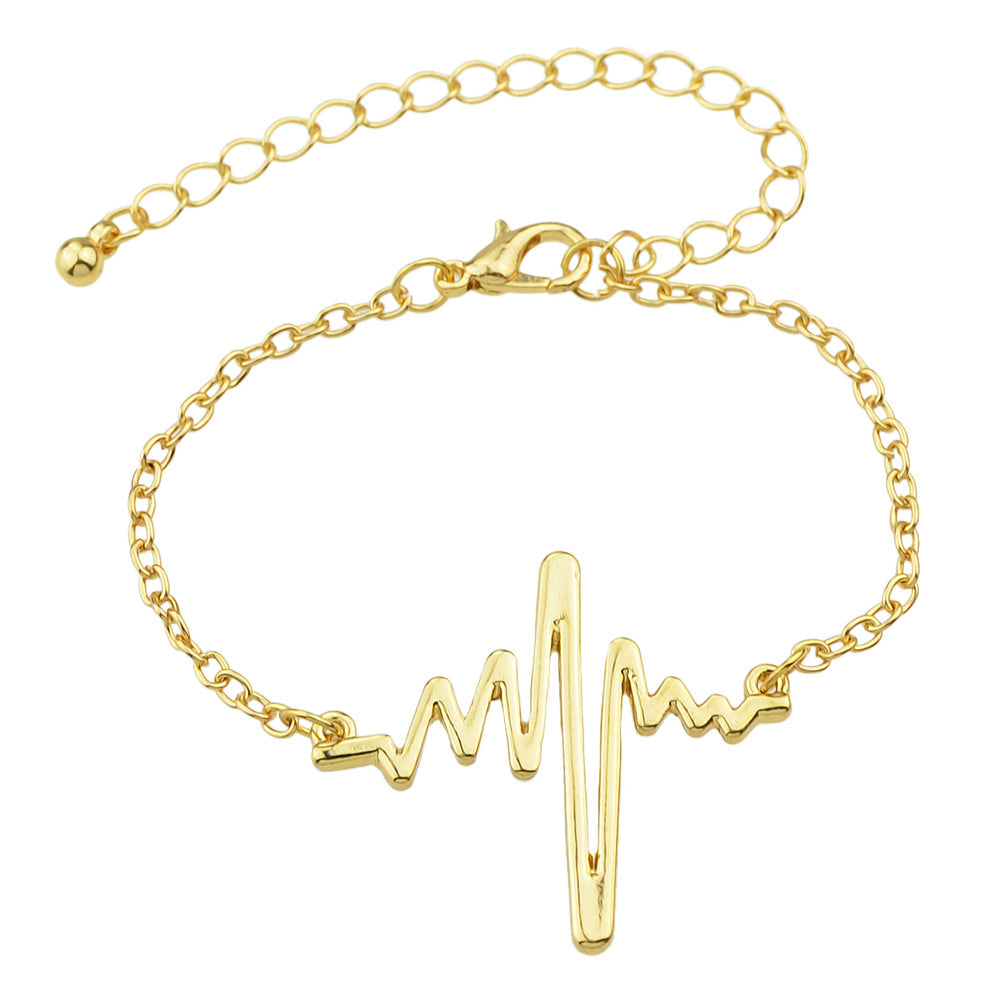 Minimalist Jewellery Gold Silver Black Metal Heartbeat Charm Bracelet for Women-6