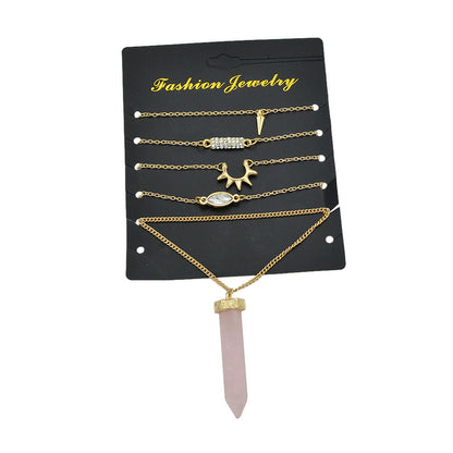 5pcs Boho Chic Gold Chain Rhinestone Spike Pink Hexagonal Gemstone Bracelets set-4
