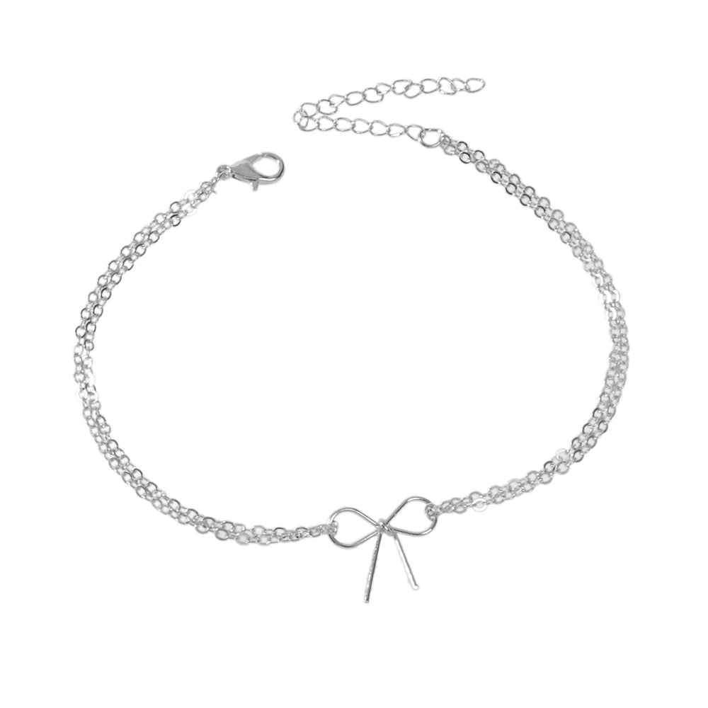 Minimalist Summer Gold Silver Bow Double Layer Chain Anklet Holiday Foot Jewelry-4