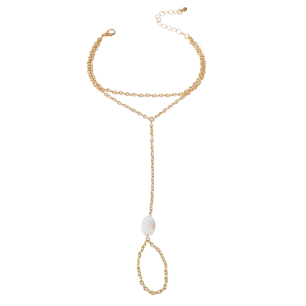Double Layer Gold Tone Chain Shell Charm Slave Bracelet with Finger Ring Gift-4