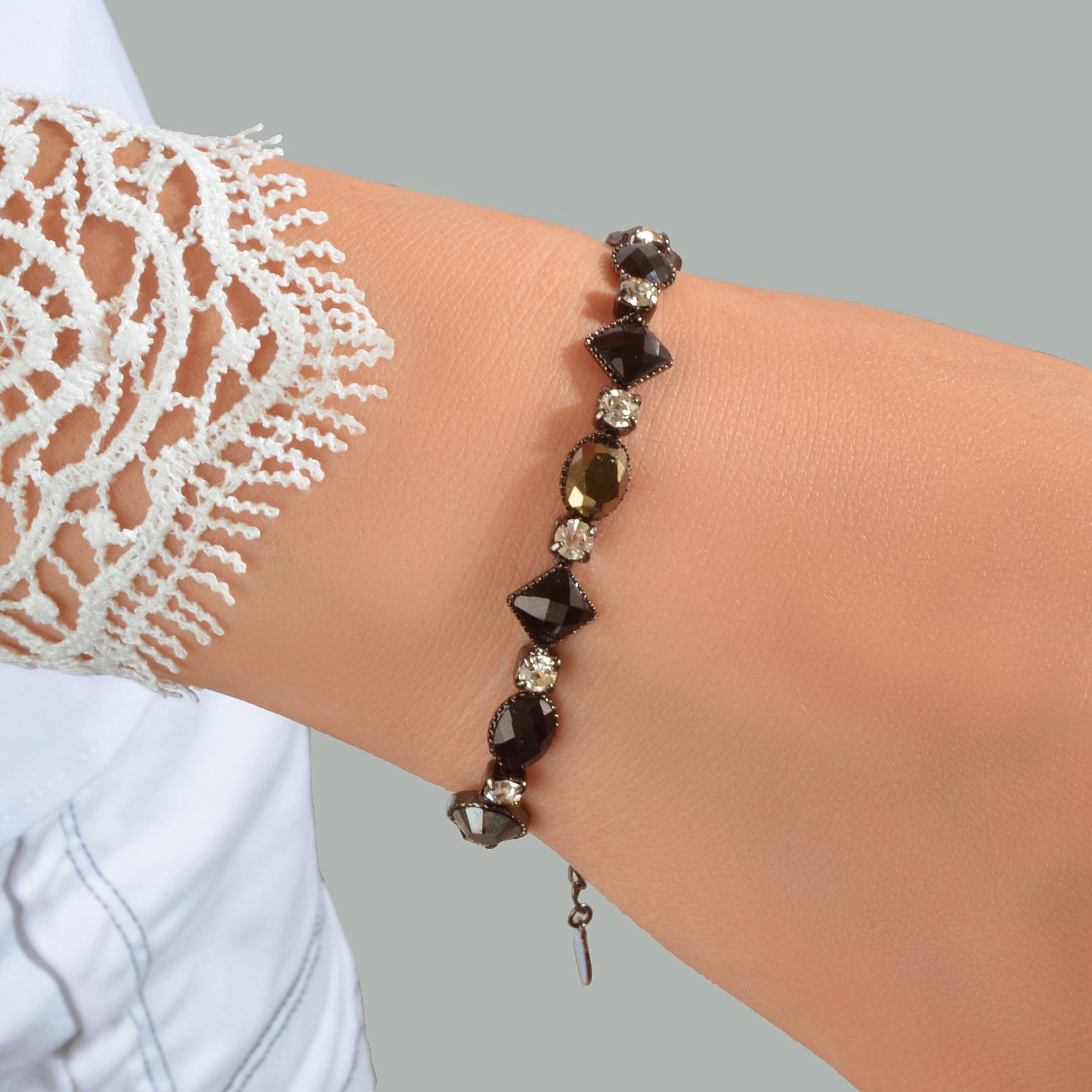 Vintage Court Rhinestone Round Rhombus Black Acrylic Beads Chain Retro Bracelets-4