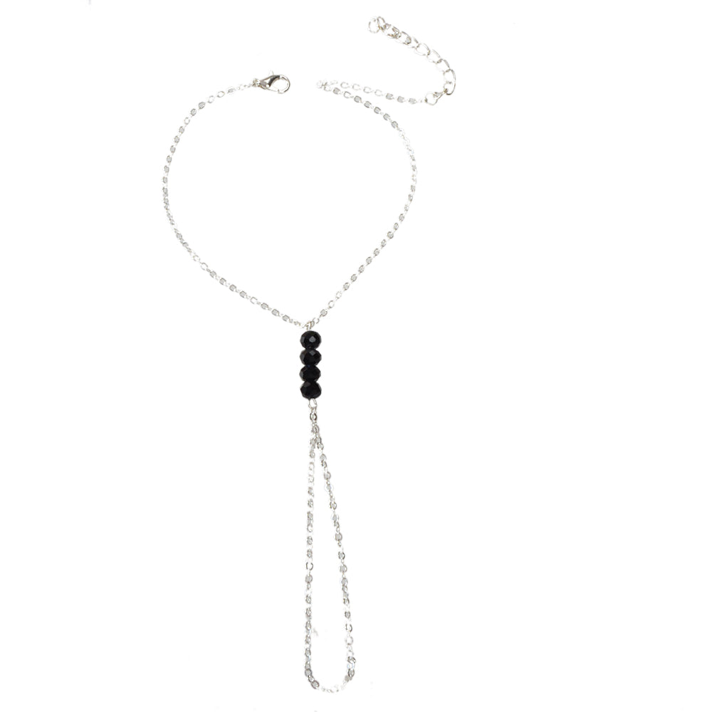 1pc Foot Beach Silver Chain Black Beads Anklet with Finger Ring Slave Bracelet-4