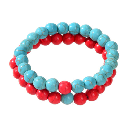 2pcs Bohemian Ethnic Handmade Red Beige Beads Turquoise Elastic Bracelets Bangle-4