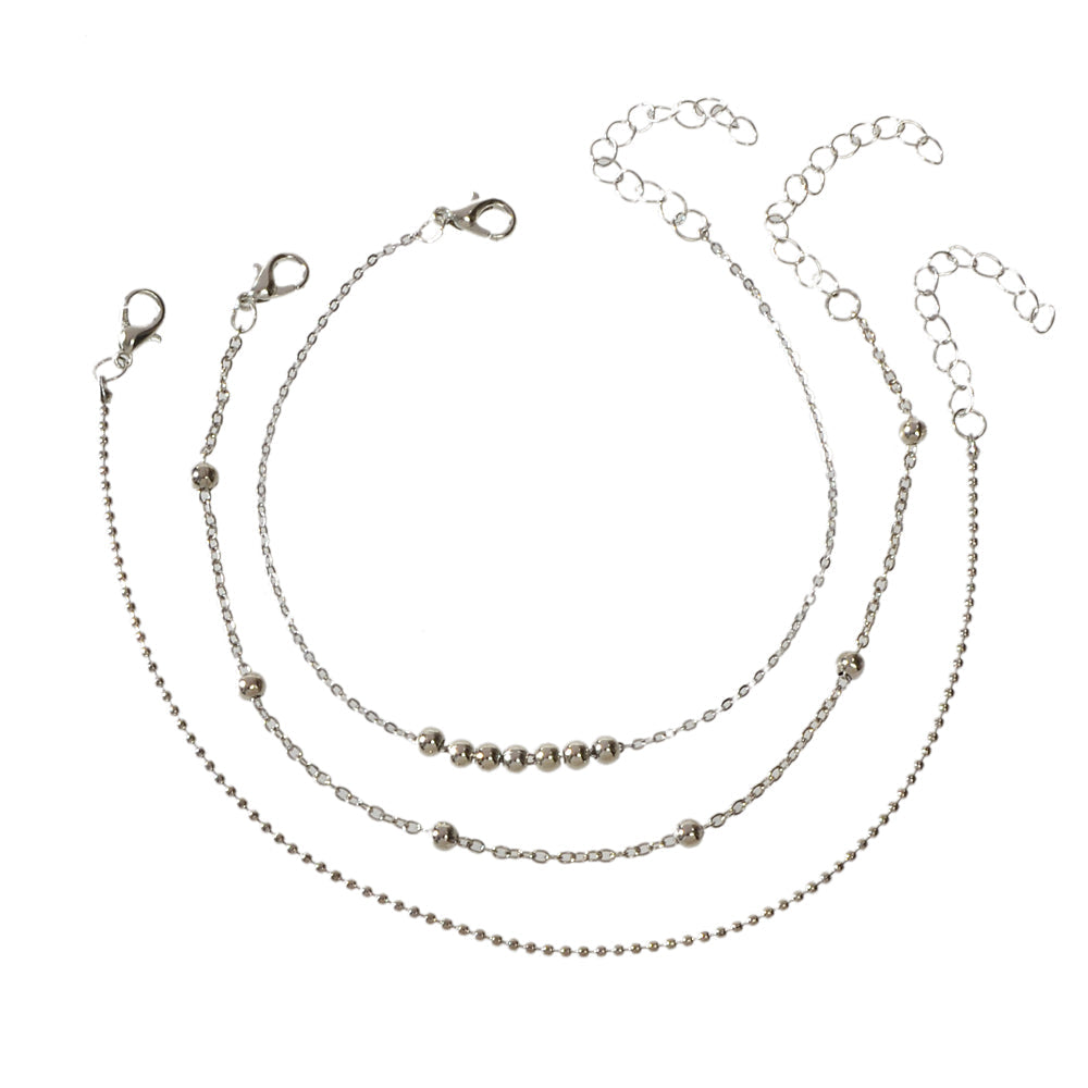 Barefoot Sandals Anklet Bracelet 3pcs Silver Chain Beads Adjustable Foot Jewelry-4