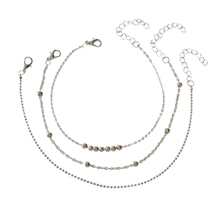 Barefoot Sandals Anklet Bracelet 3pcs Silver Chain Beads Adjustable Foot Jewelry-4