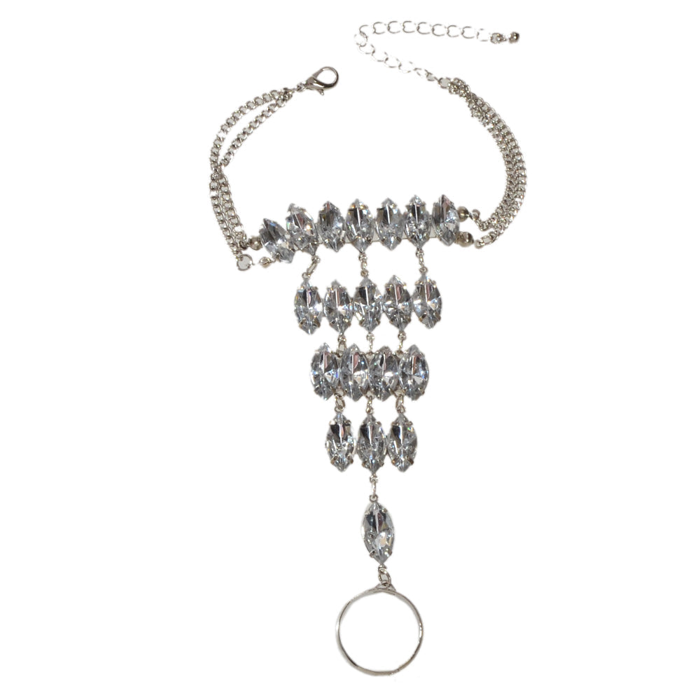 Luxury Full Crystal Silver Chain Slave Bracelet with Finger Ring Party Jewellery-3