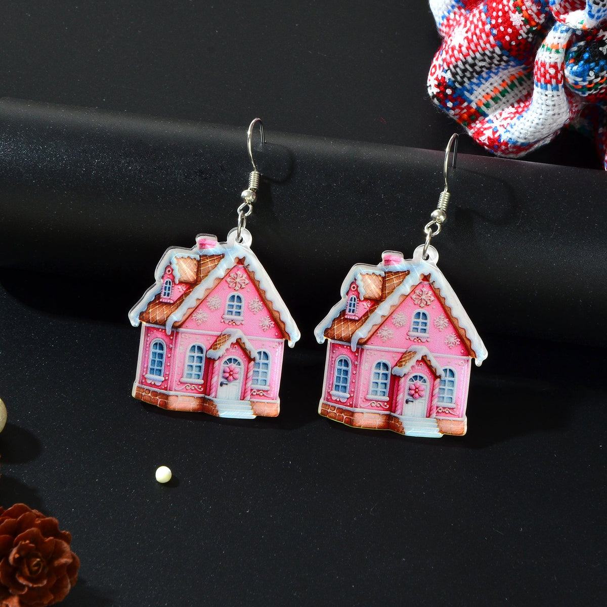 New Arrival Christmas Sweet Acrylic Pink House Dangle Earrings New Year Party Festival Gift Jewelry-1