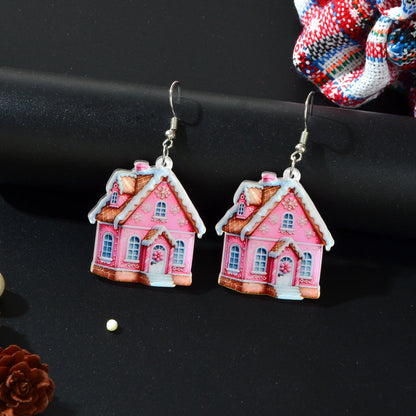 New Arrival Christmas Sweet Acrylic Pink House Dangle Earrings New Year Party Festival Gift Jewelry-1
