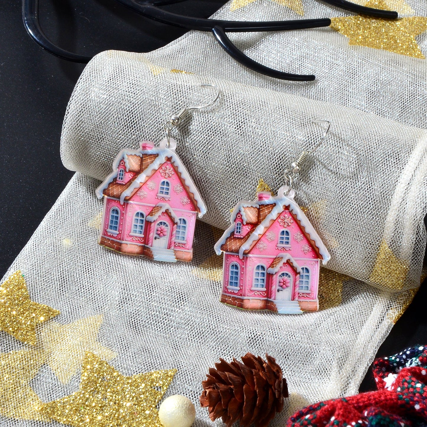 New Arrival Christmas Sweet Acrylic Pink House Dangle Earrings New Year Party Festival Gift Jewelry-2