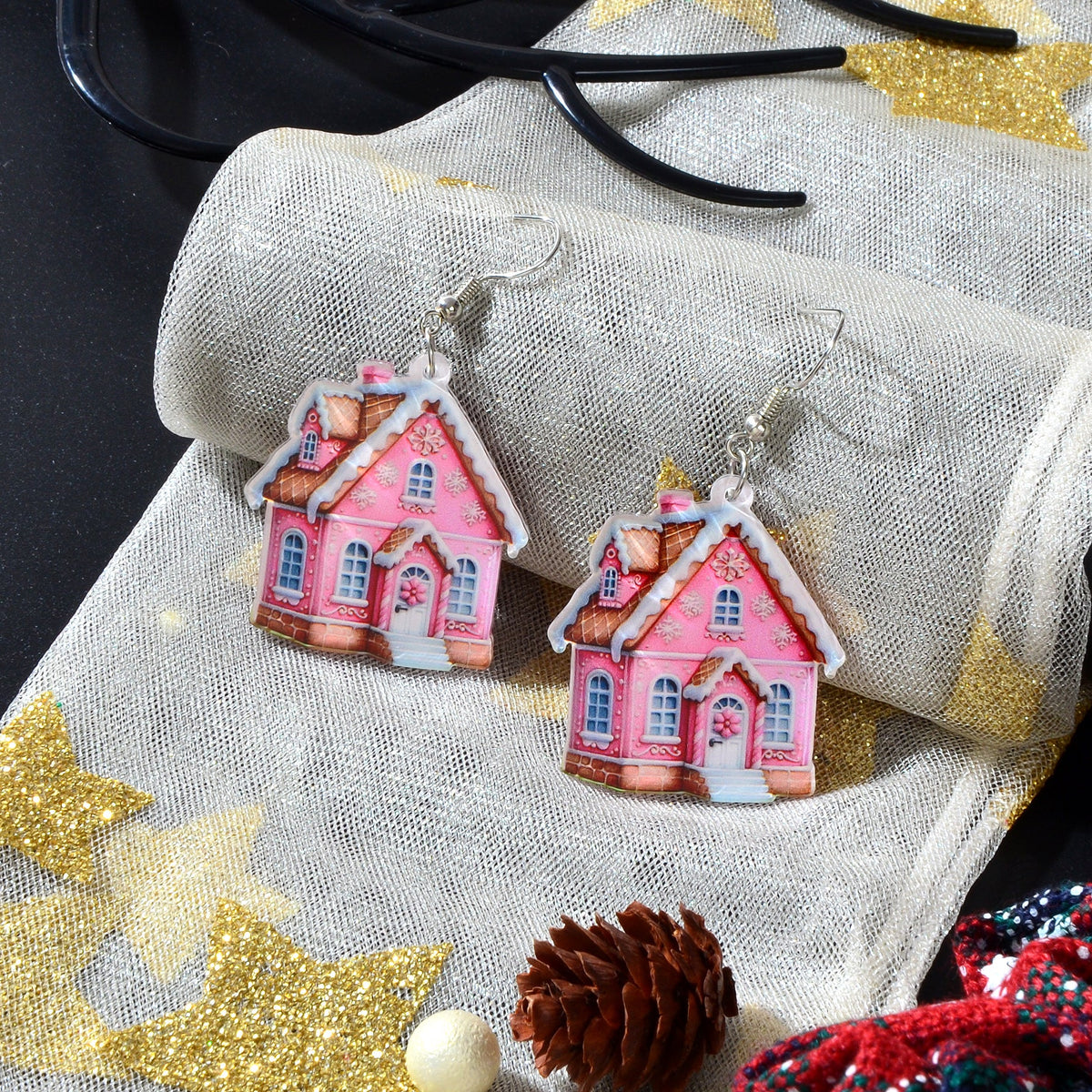 New Arrival Christmas Sweet Acrylic Pink House Dangle Earrings New Year Party Festival Gift Jewelry-2