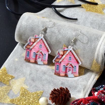 New Arrival Christmas Sweet Acrylic Pink House Dangle Earrings New Year Party Festival Gift Jewelry-2