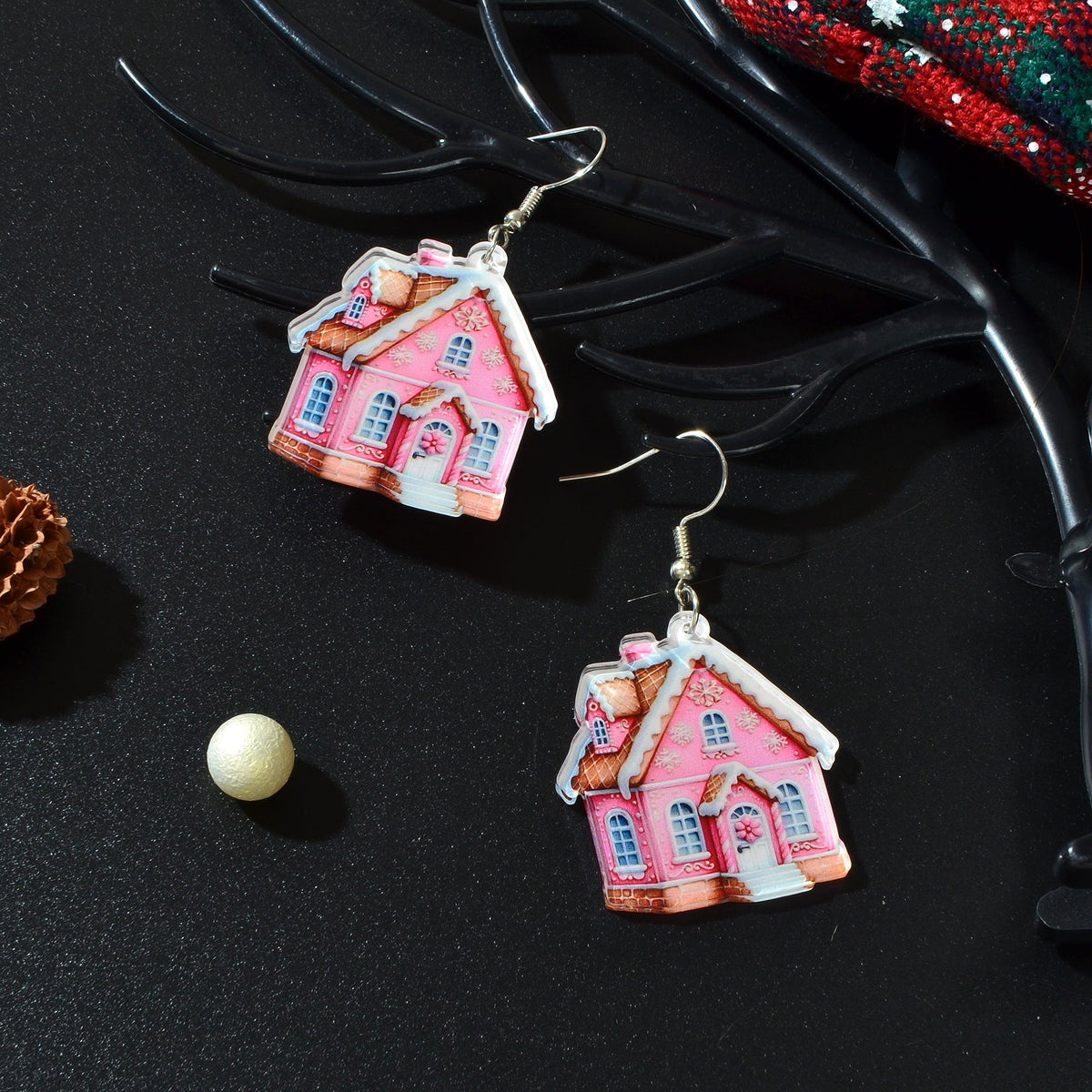 New Arrival Christmas Sweet Acrylic Pink House Dangle Earrings New Year Party Festival Gift Jewelry-3
